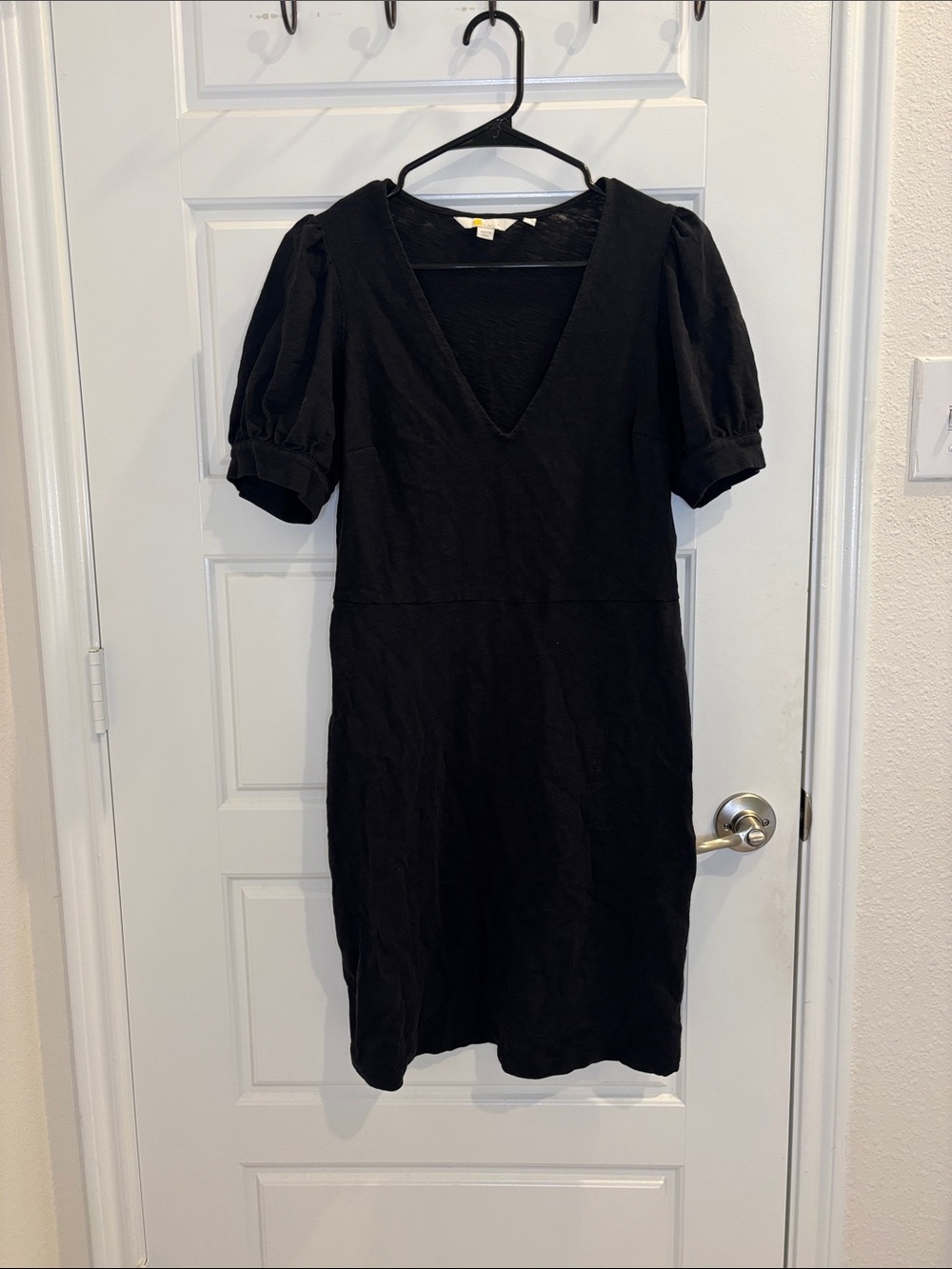 Boden Black Cotton Midi Dress 8L Puff Sleeve Deep V Neck Long Tall